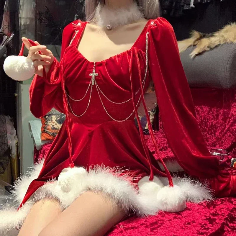 Vestido Punk Lolita de felpa con volantes y retales para niña, vestido con alas de manga larga, cosplay de Ángel de anime, uniforme de Navidad de Papá Noel, envío directo