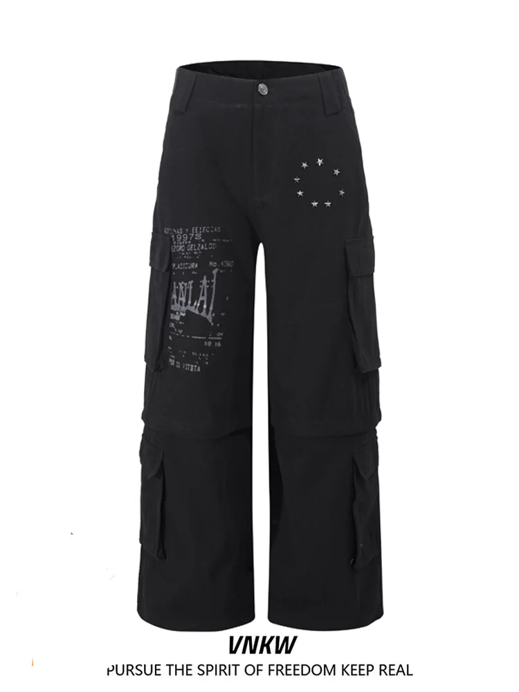 

Ретро-брюки в американском стиле с принтом, свободного кроя, с множеством карманов, для мужчин и женщин, повседневные хлопковые брюки в уличном стиле