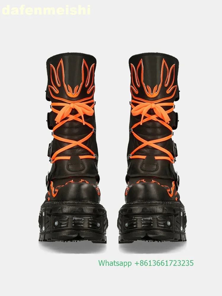 Retro Dark Style Punk Motorcycle Boots Flame Thick-Soled Boots Men/women Fashion Rock Boots Lace Up Belt Buckle Mid-Calf Boots view 5