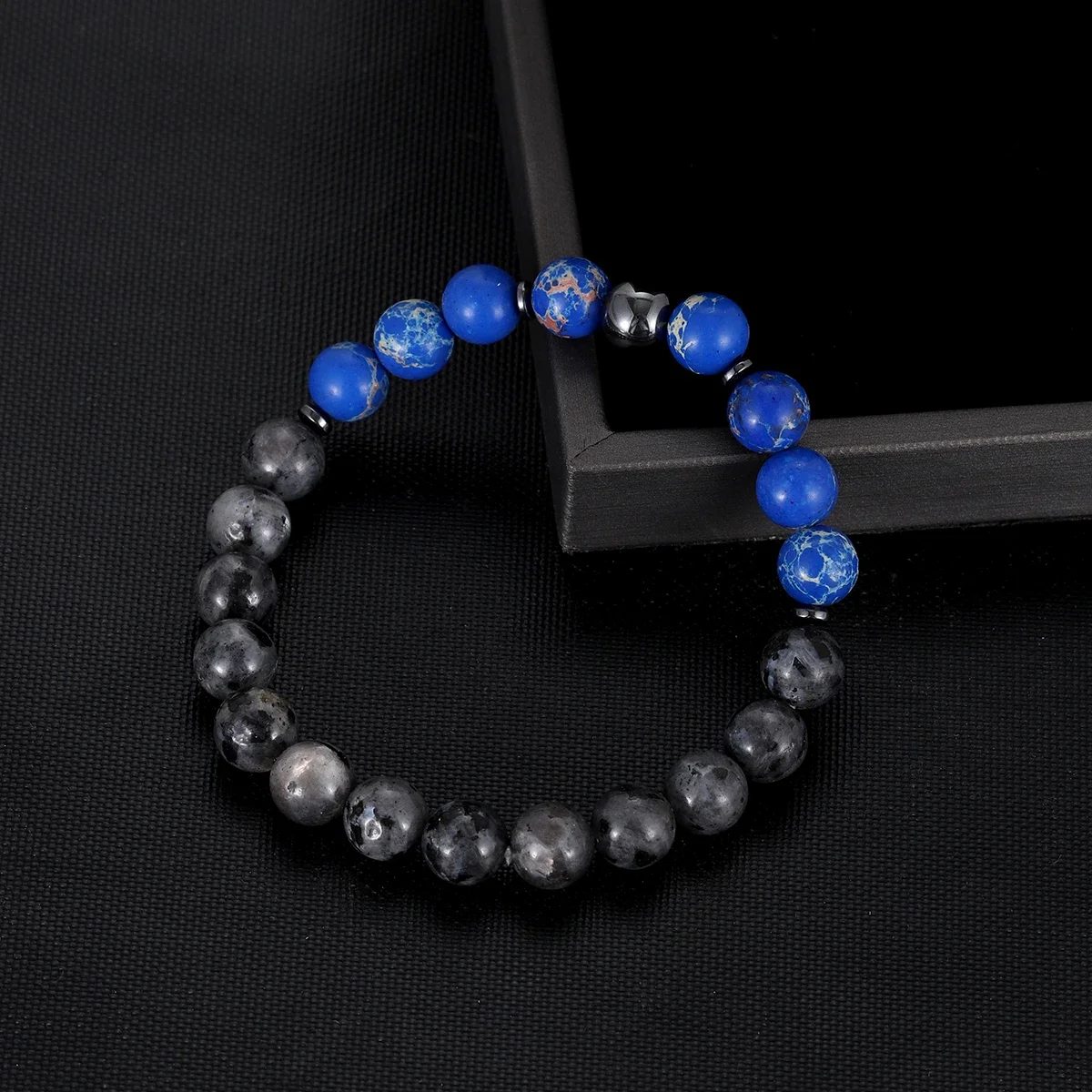 Men's Natural Map Stone & Blue Imperial Jasper Bracelet 8mm Hematite Beaded Stretch Wristband Yoga Healing Energy Jewelry Gift