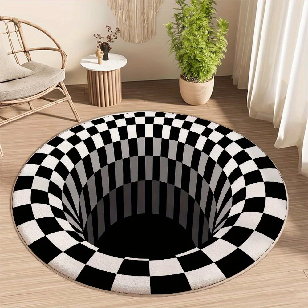 3D Optische Täuschung Schwarz-Weiß Karo Flanell-Teppich Bedruckter Teppich Dekorativer Wohnzimmer-Bodenbelag Rutschfester Weicher Design-Teppich