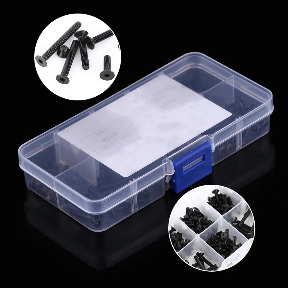 M3 Machine Screw 200Pcs/Box M3 Countersunk Flat Head Hex Socket Screw Bolt Machine Fastener Assortment Set Screws Assortment