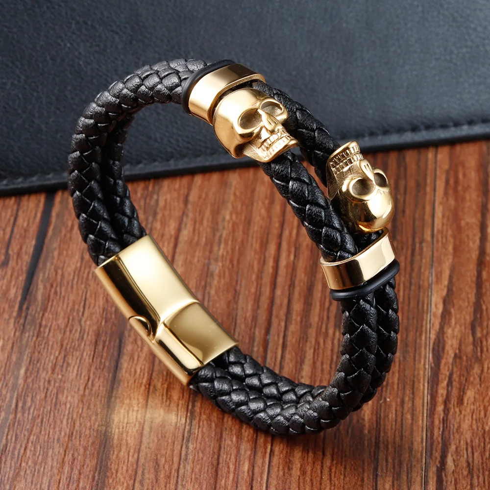 Skull Stainless Steel Bracelet Ghost Head Men\'s Leather Bracelet Braided Bracelet Handmade Multilayer Genuine Leather Bracelet