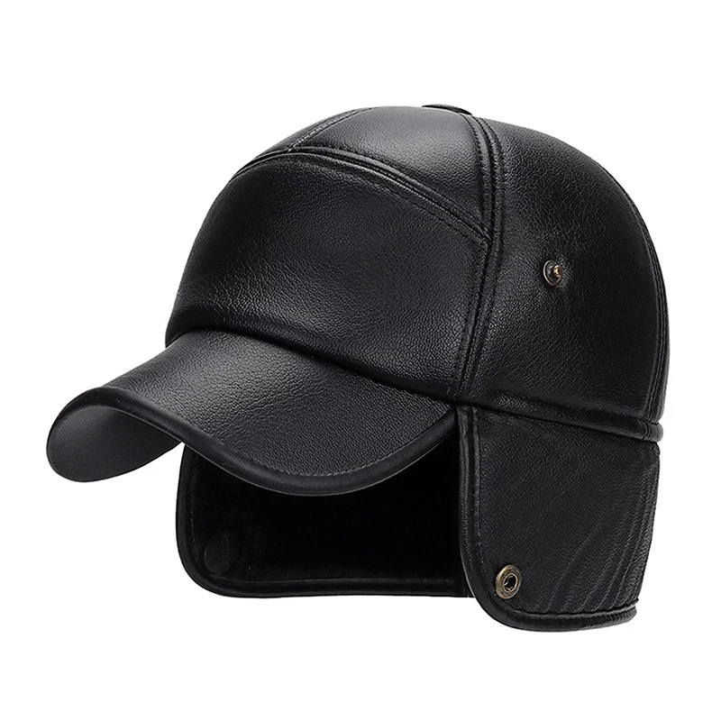 Winter Warm Cap Men Black Leather Fur Baseball Cap Hats For Men Women Casquette Bones Dad Caps Earflaps Thicken 2025 NEW