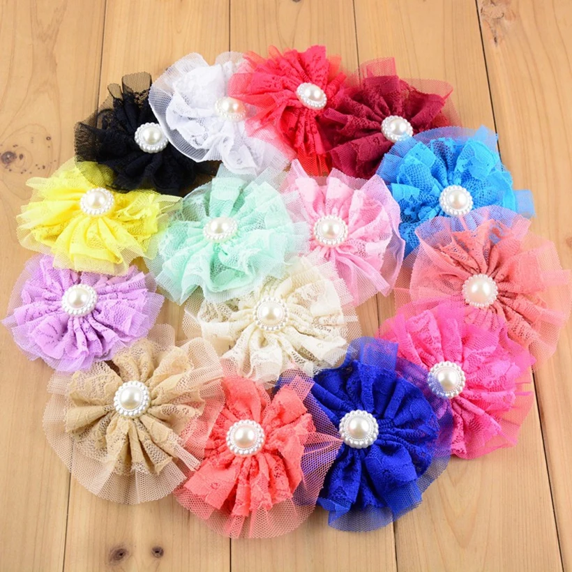 

100pcs/lot 3.94" Tulle Lace Flower With Pearl Rhinestone Single Flowers Kids Girls Hair Accessories Wholesale Fake Craft Flowers