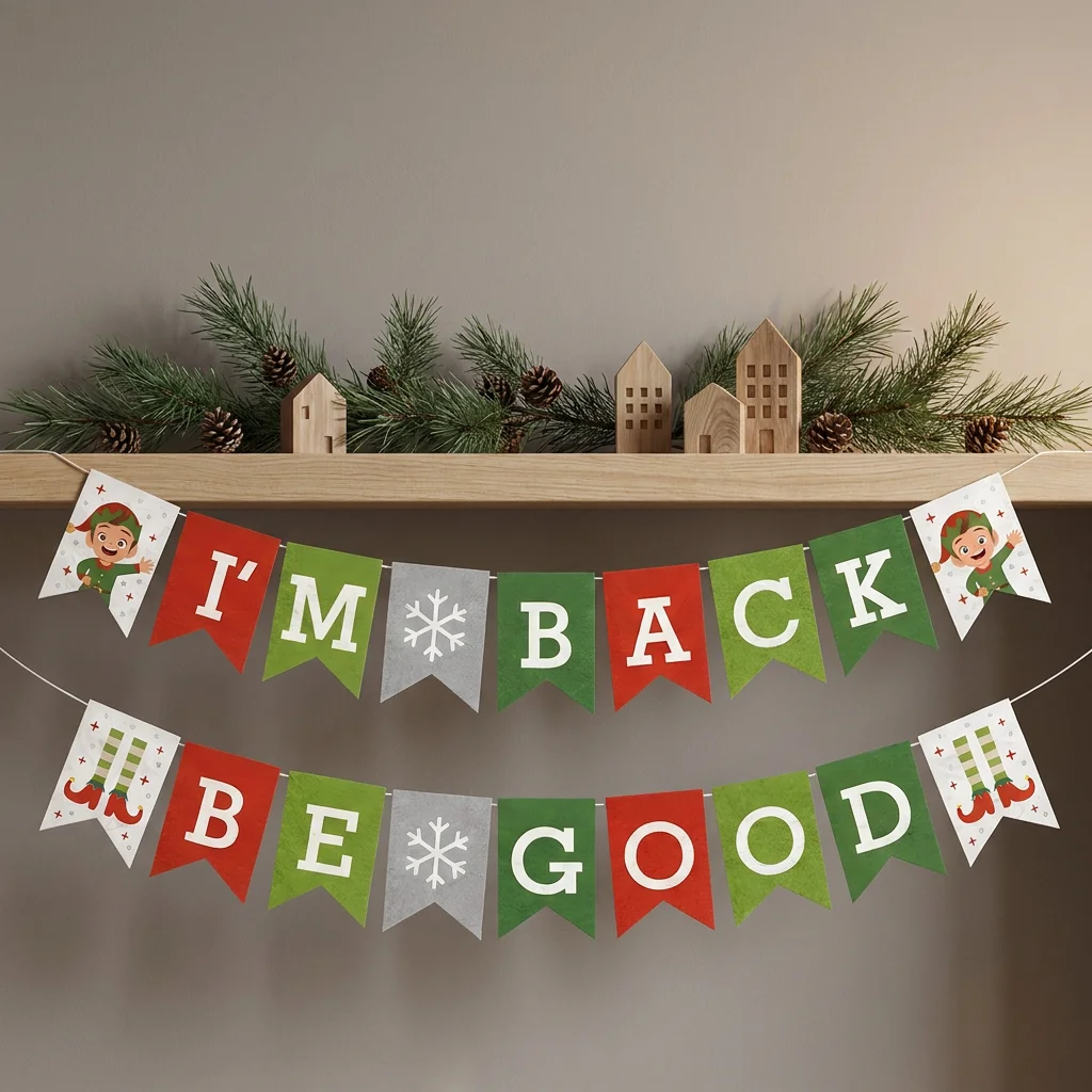 Weihnachtselfen-Banner „Ich bin zurück, sei ein guter Elf“ auf dem Kaminregal, Weihnachts-Wandbehang, Heimdekoration – Detail 5