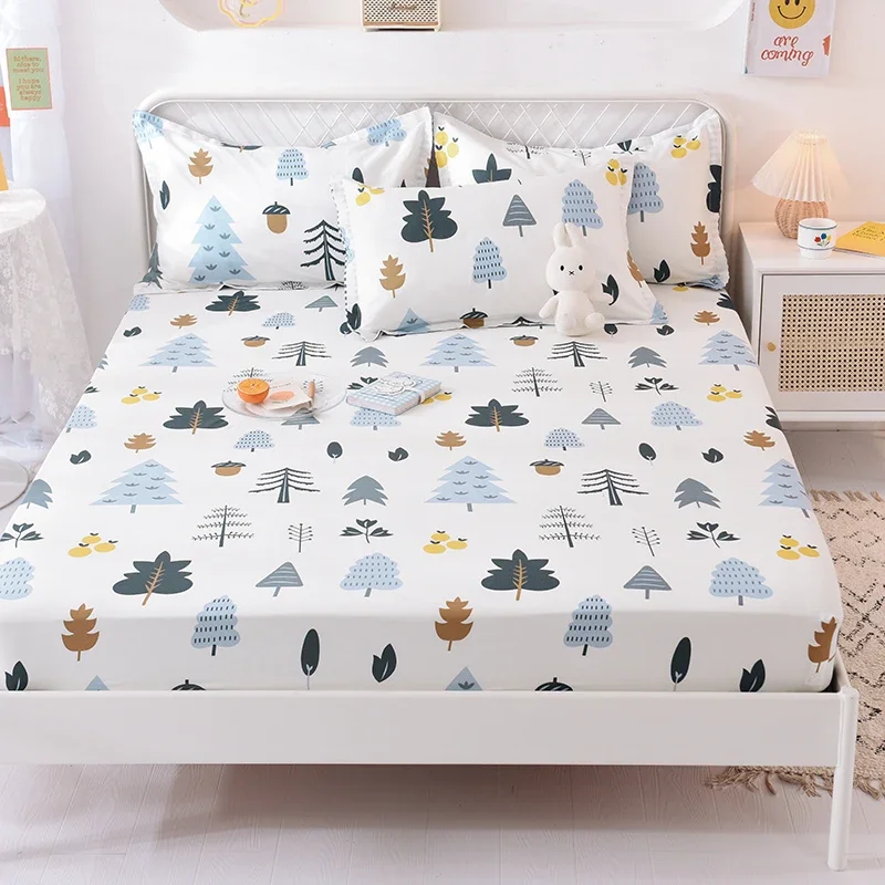 Woodland Forest Cotton Fitted Sheets Set, Leaves Print Bedsheets Camper Themed Deep Pocket Mattress Cover & Pillowcase 3 Pieces