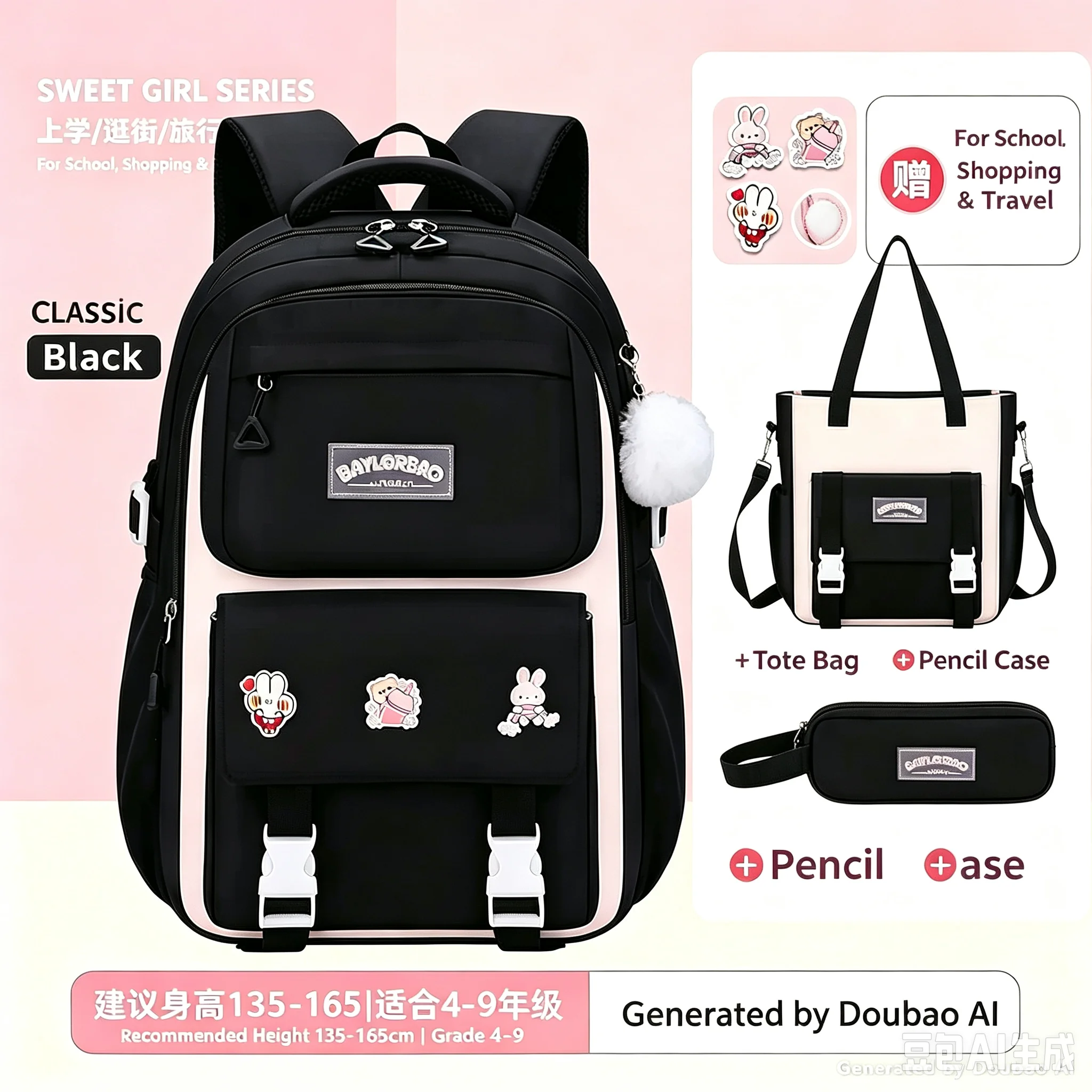 3Pcs High Quality School Backpack Set for Girls Middle High School Students Large Capacity Lightweight Ergonomic Kids