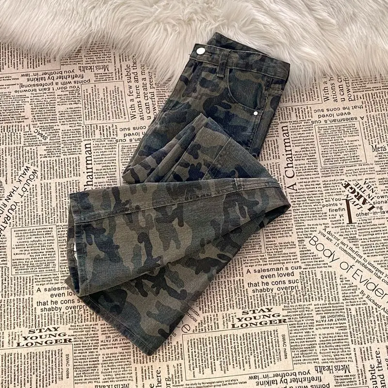 Retro Camouflage Work Pants for Women New Low Rise Tall Loose Hanging Wide Leg Jeans