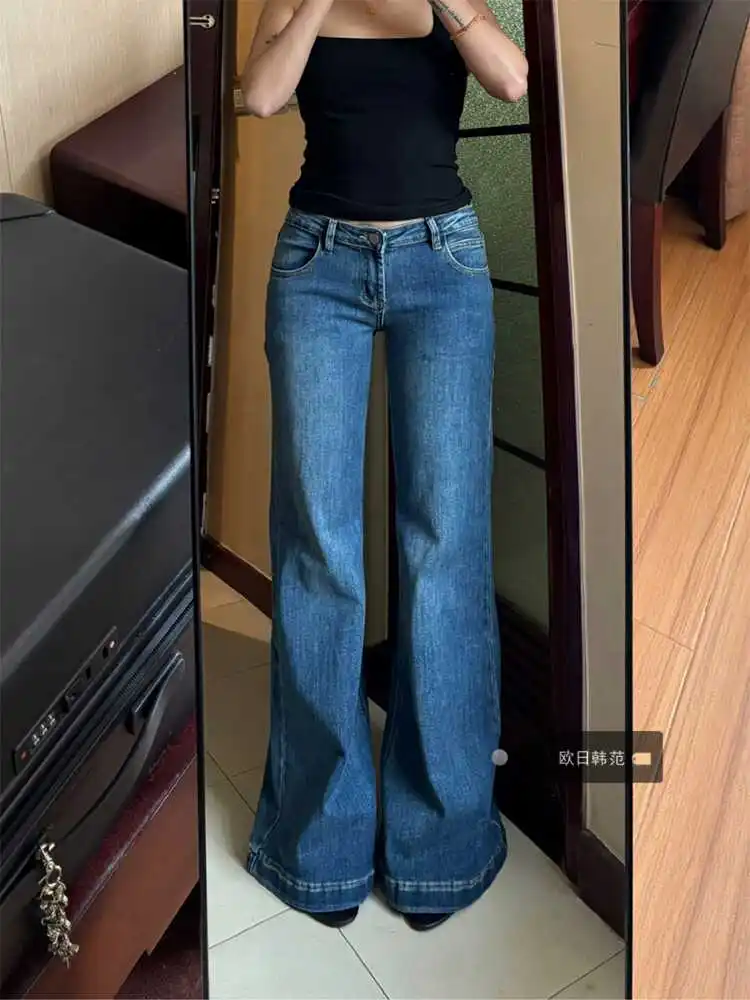 

2200, осень-зима, женские японские Harajuku, винтажные простые синие джинсовые брюки-клеш с низкой посадкой, 2000-е годы, Y2k, джинсовые брюки-клеш, новинка