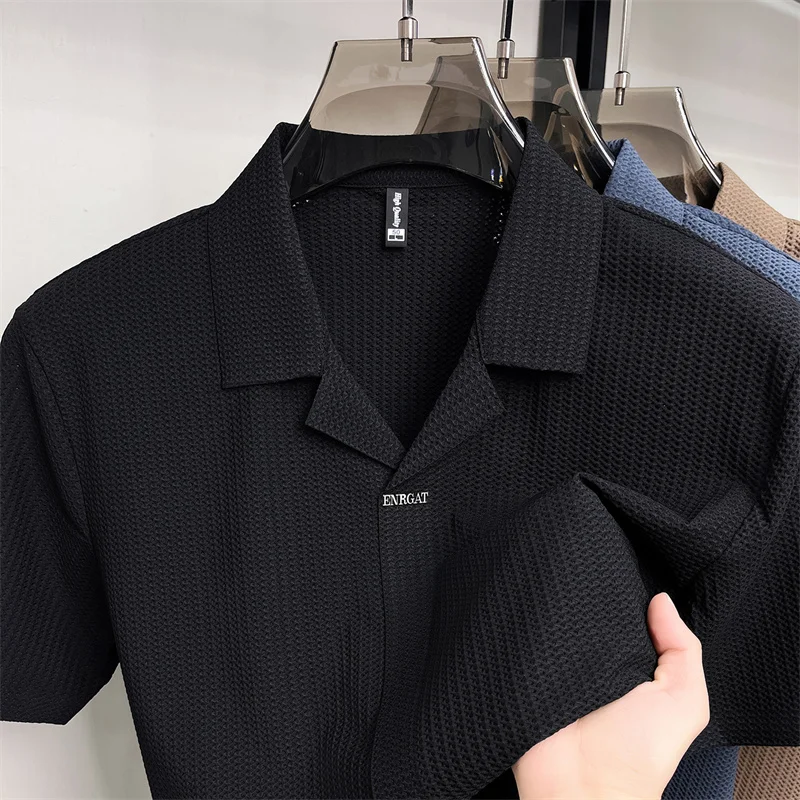 Personality solid color jacquard short sleeve polo shirt high-quality men's summer ice silk breathable new fashion lapel T-shirt