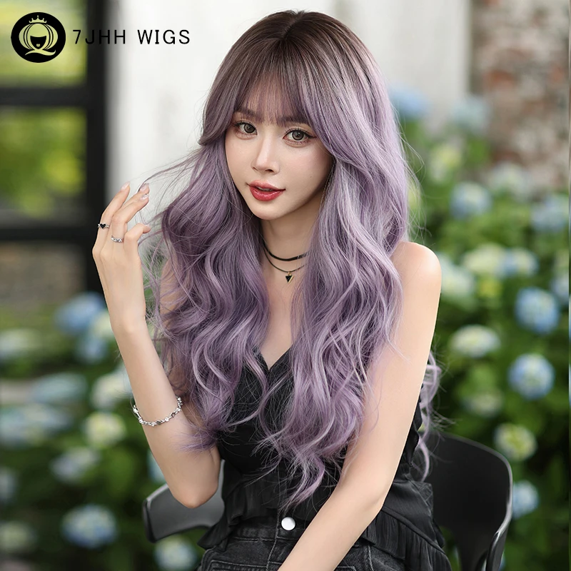 7JHH-peluca Lolita ondulada de cuerpo sintético para mujer, pelo morado con raíces oscuras, pelo en capas de alta densidad, amigable con los