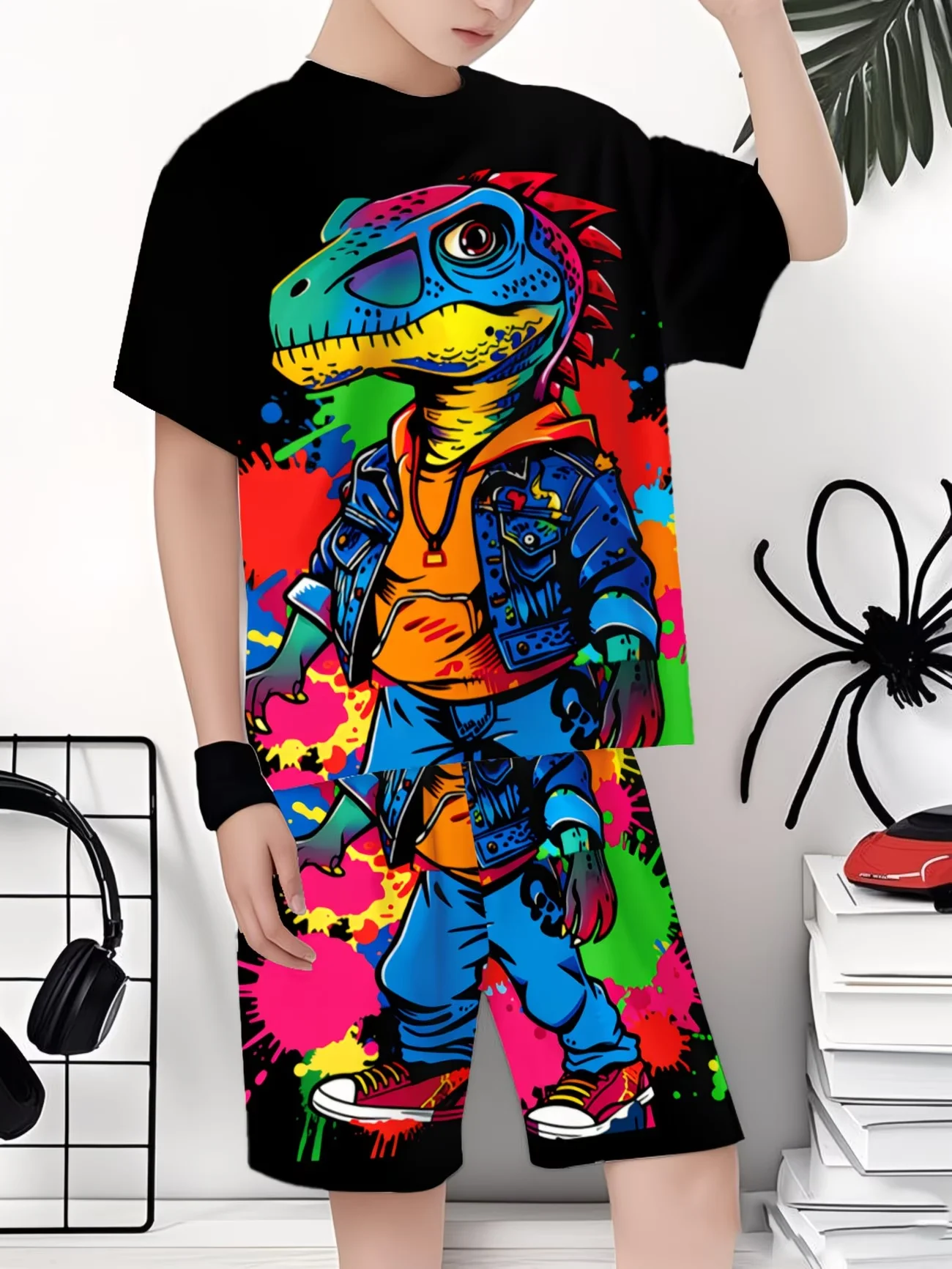 Boys 2Pcs Summer Outfit Graffiti Dinosaur Print Short Sleeve T-Shirt + Shorts Set  Casual Sportswear Kids Streetwear Tracksuit
