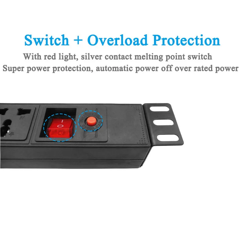 PDU Cabinet Power Strip com Interruptor, Tomadas Universais, Proteção Contra Sobrecarga Relâmpago, Soquete de Extensão, 19 Polegadas Hight Power, 6 AC, 8AC