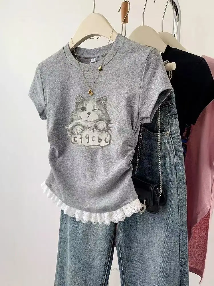 

Cute Printed Women Short Sleeve T-shirt Stylish Plaid Spliced Cropped Tops Fashion Side Shirring Waist Tight Slimming Tees