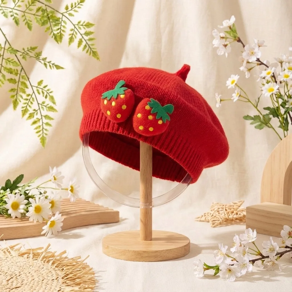

2026 New Spring Red Knit Cap Toddler Baby Girls Knitted Beret Hat Adorable Strawberry Fashion Warm Soft Outdoor Kids Headwear