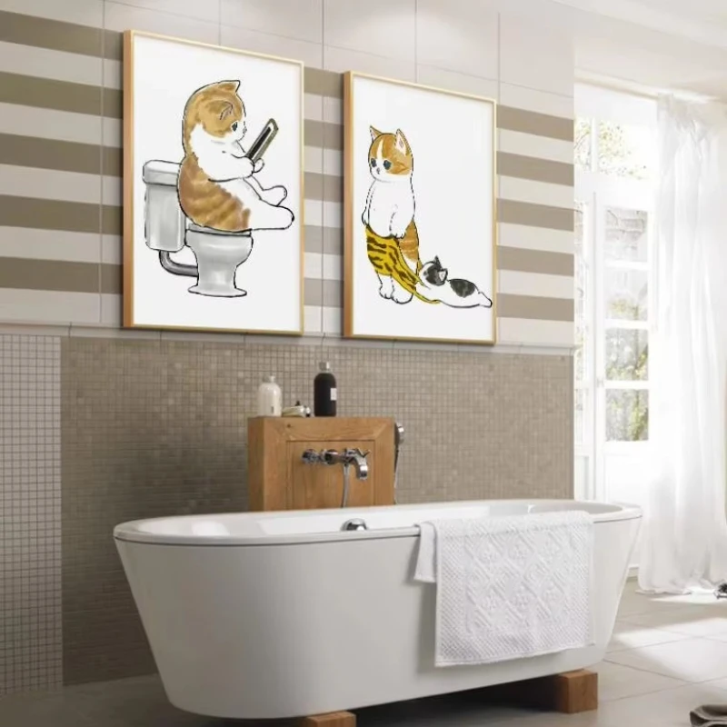 Adorable Orange Cat Bathroom Poster Print Modern Minimalist Bathroom Toilet Phone Canvas Art Home Bathroom Decor