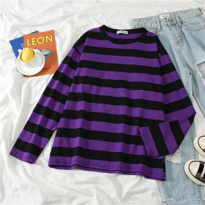 5 Colors Women Cotton Purple Striped Tops Slim Fit T Shirt Harajuku Tshirt Summer Long Sleeve Korean Feminina Oversized T Shirt