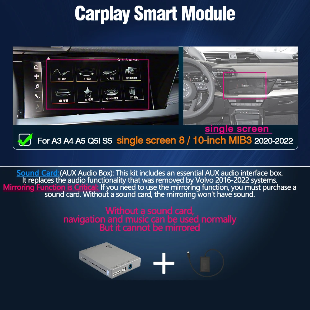 AUTOTOP Draadloze CarPlay Android Auto Interface Box voor Audi A3 A4 A5 S5 Q4 Q5 MIB3. Alleen geschikt voor enkelvoudige 8" 10" schermen 2019-2024. OEM Retrofit Decoder MirrorLink Bluetooth-module met
