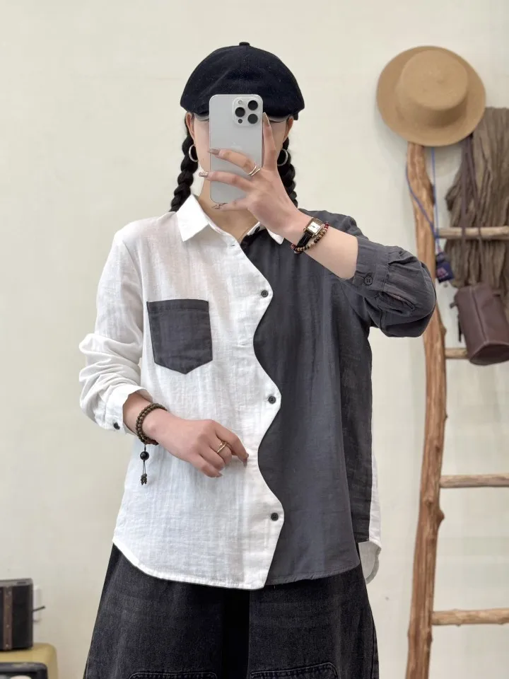 New 2025 Autumn Cotton Long Sleeve Shirt, Women Turn-down Collar Patchwork, Mori Girl Retro Casual Design Loose Blouse T56259CC