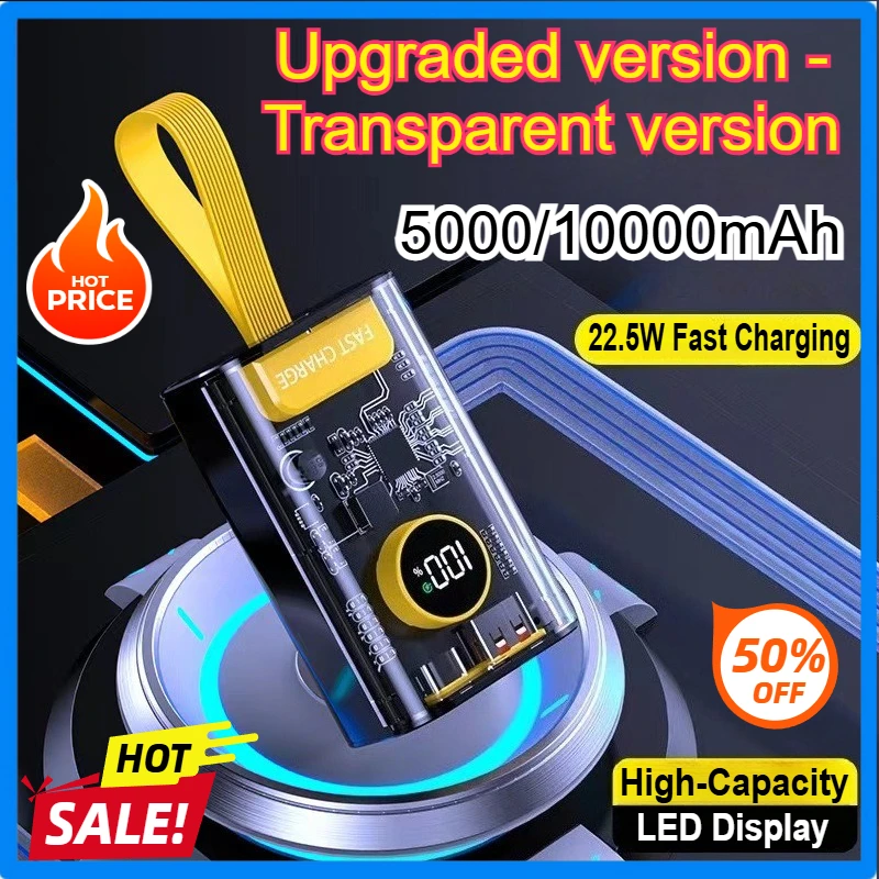 

10.0/5.0Ah Portable Power Bank Fast Charging for Apple Samsung Huawei Mobile Phone USB/Type-C Transparent External LED Screens