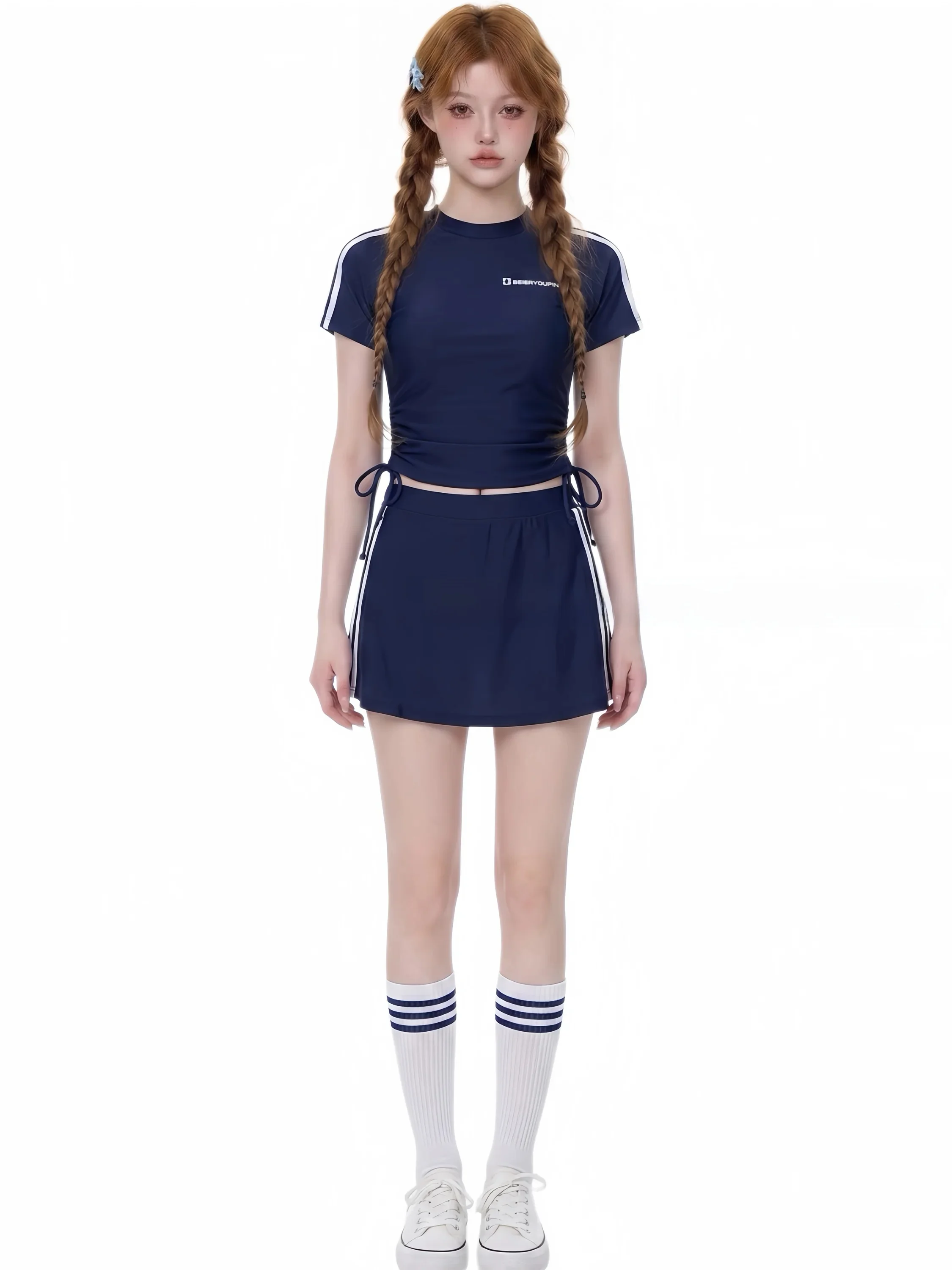 

Sporty Short Sleeve Two Piece Swimsuit Thermal Vacation Slimming Fashionable College Style Swimwear round Neck Women's Suit