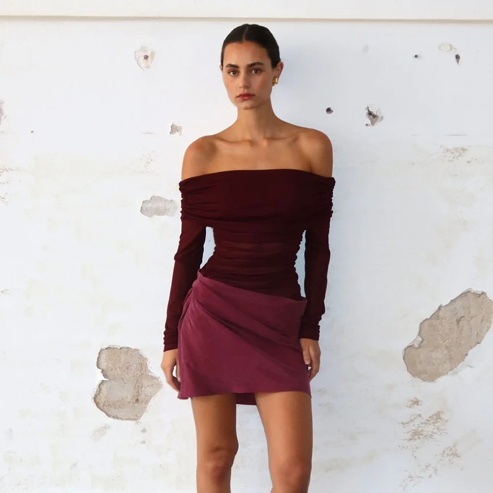 2025年夏新作　スパイシーホットガール　セクシーメッシュボディコンミディドレス　長袖　ルーシュカットアウトガウン　スクエアネック　メッシュドレス