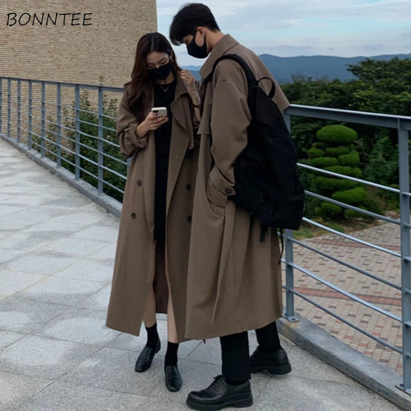 Unisex Trench Women Classic Minimalist Pure All-match Retro Loose Couple Outwear Korean Style Streetwear Stylish Autumn Chic Ins