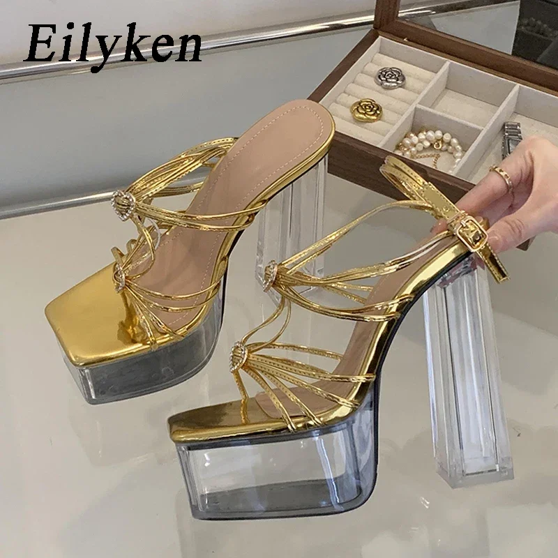 Eilyken Street Style Summer Open Peep Toe Ankle Strap Narrow Band Women's Sandals CRYSTAL Transparen Platform High Heels Shoes