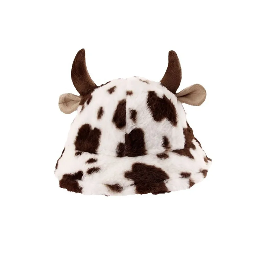Women's Cow Print Horn Fisherman Hat - Korean Style, Fleece-Lined, Thickened & Warm Bucket Hat for Winter