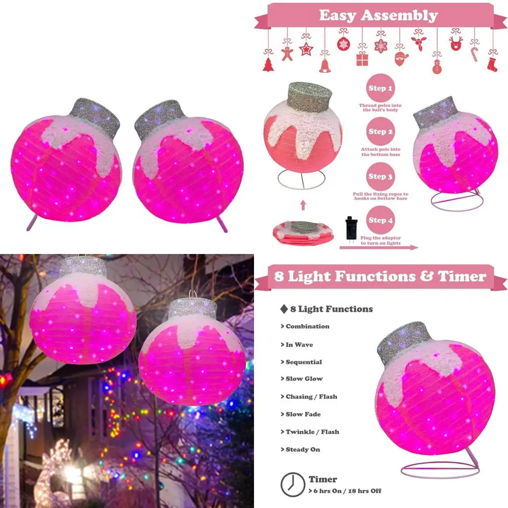 

Prelit Pink Outdoor Christmas Balls with 160 Flashing Lights, Collapsible Hanging Lanterns for Home and Party Decor