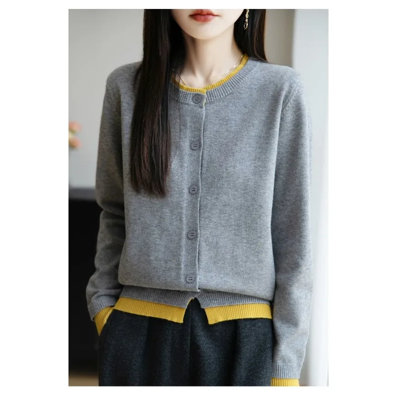 

Французский контрастный искусственный вязаный кардиган из двух частей, женский короткий свитер, модный топ