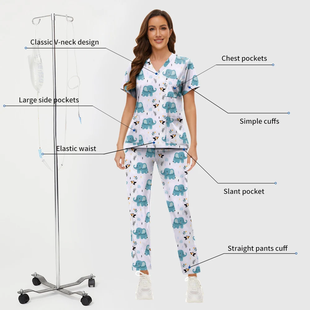 Printed Pet Grooming Doctor Workwear Set Nurse Medical Uniform Operating Room Surgical Work Clothes Short Sleeve Elastic Vet Set