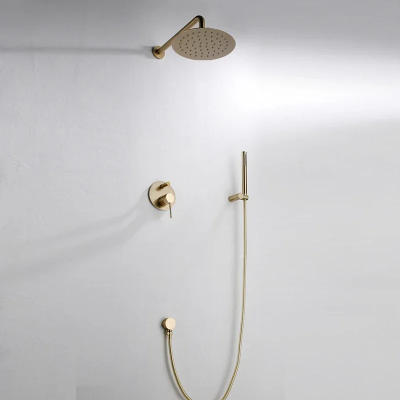 

Brass Brushed Gold Rain Shower Fuacet Set Matt Gold Shower Faucet Wall Mounted Shower Arm Diverter Mixer Tap Handheld Spr