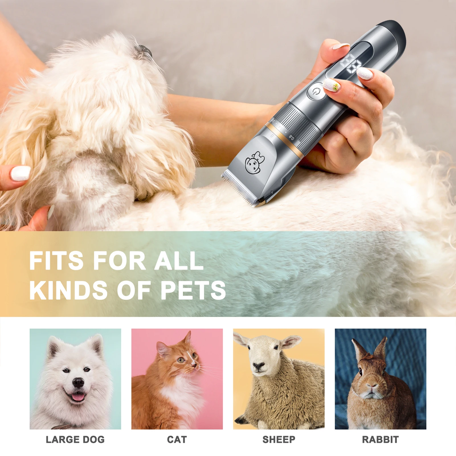 Quiet Pet Hair Clipper with Comb Cat Trimmer Grooming Kit 5 Speed Shavers Long Hair Cutter for Pet USB Waterproof