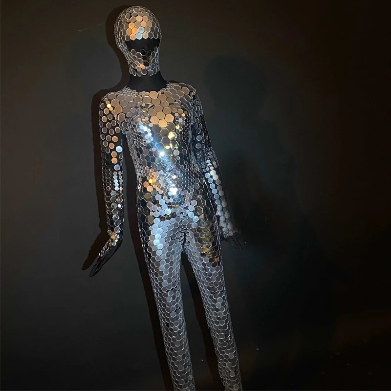 ชุดจั๊มสูทเต็มตัวแบบมีกระจกเงาสำหรับผู้ชายและผู้หญิง ชุดเต้นโพลแดนซ์สำหรับผู้ใหญ่ ชุดเรฟ ชุดบาร์ ชุดโกโก้ ชุดแสดงบนเวที ชุดคลับแวร์ ชุดกระจกเงา