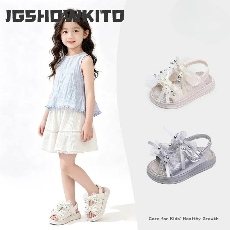 JGSHOWKITO Children Summer Rhinestone Sandals Princess Lace Bow Chic Little Girl Dress Shoes Thick Soled Kids Open-toe Sandals