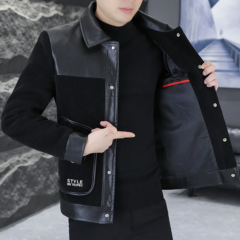 

Korean Version PU Splicing Men's Jacket 2025 Autumn Slim Fit Casual Business Bomber Jacket Men Social Streetwear Outwear Coats