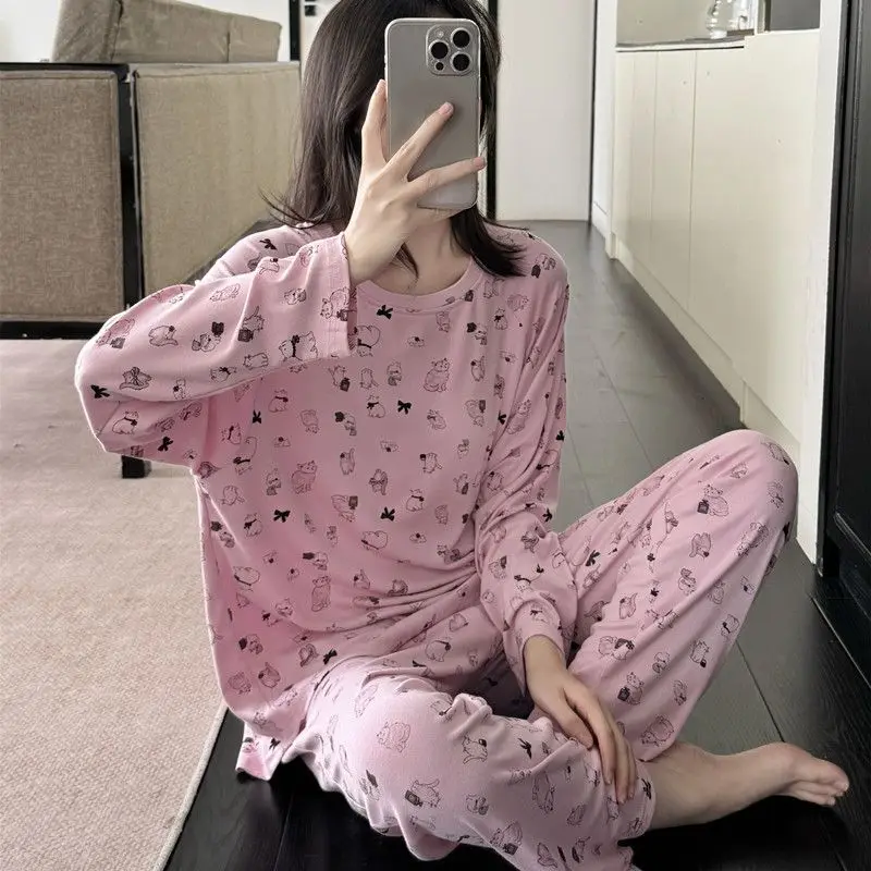 

Pajama Sets Winter Women Moisture Wicking Button Casual Silvery Western Ribbed Sleep Pants Three Quarter Sleeve Home Wear Friend
