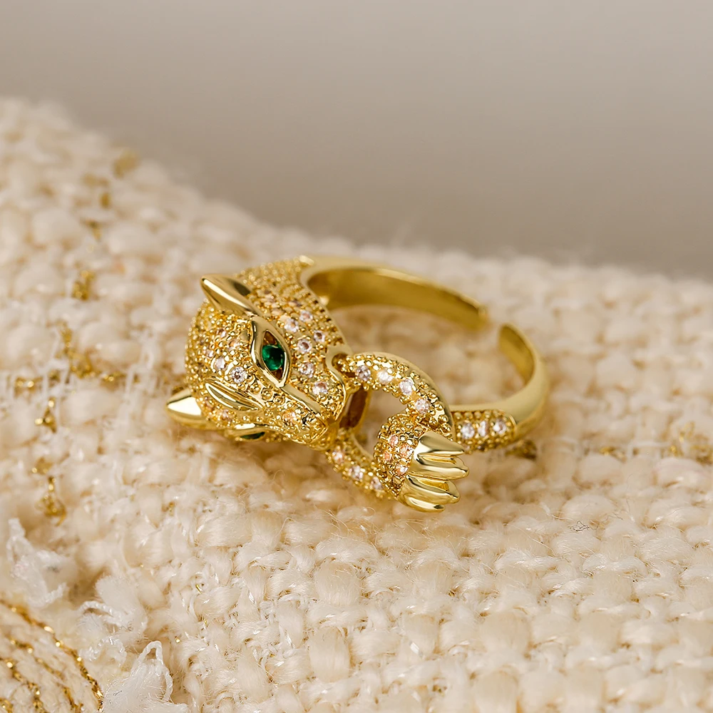 Women's Gold Color Zircon Leopard Open Ring, Statement Piece