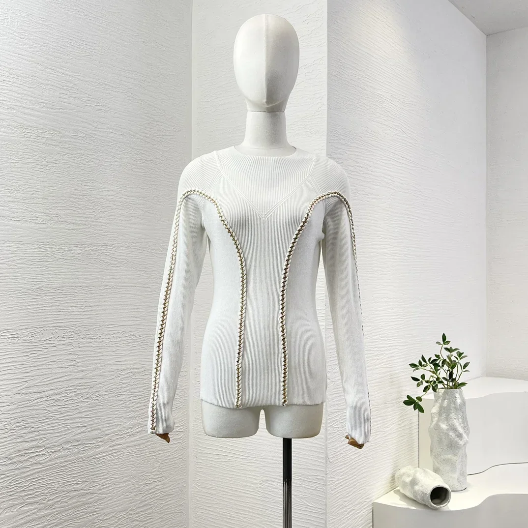 2024 High Quality Solid Black All-matching New Full Sleeve Women White Sweater Pullover Tops