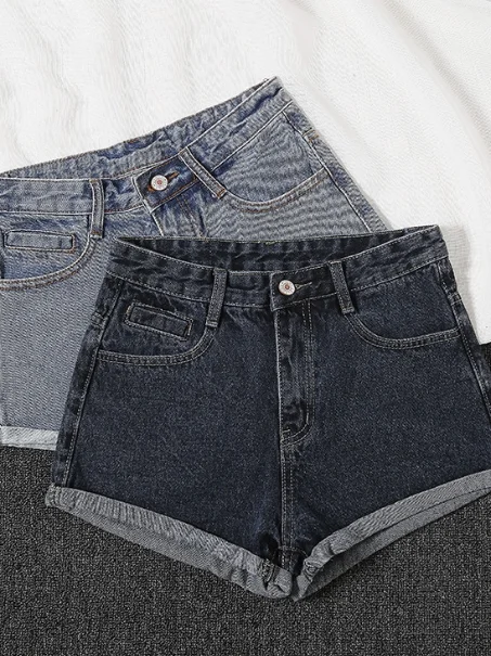 High Waist Wide Leg Denim Shorts Women's Summer Hot Pants Design Sensual Loose Cuffed High Waist Slimming A-Line Jeans Shorts