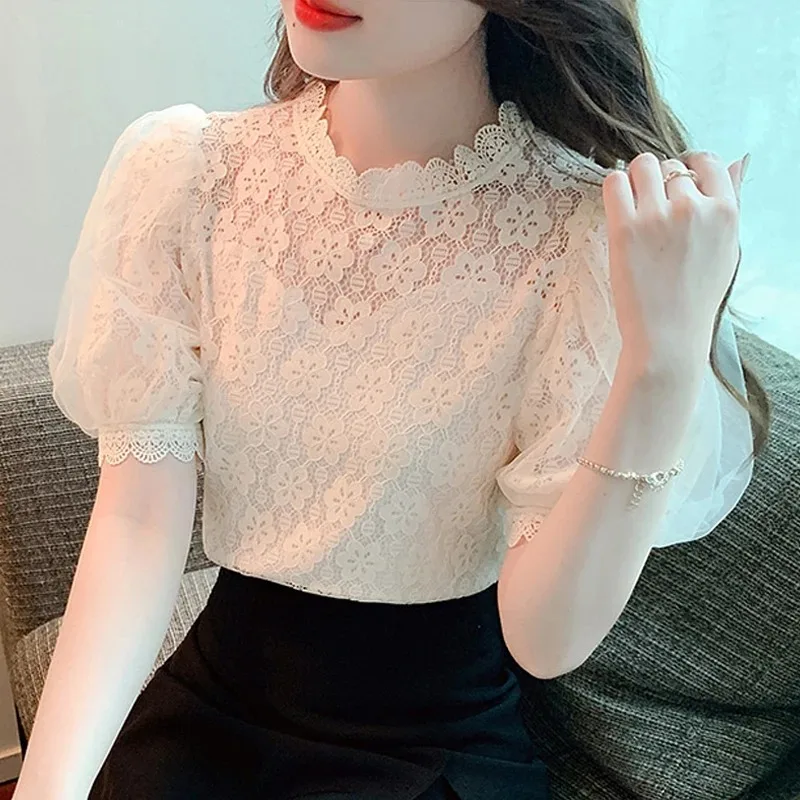 Elegant Short Puff Sleeve White Shirt for Women, Sweet Lace Blouse, Korean Stand Collar Tops, Summer Sweet Clothes, 27168