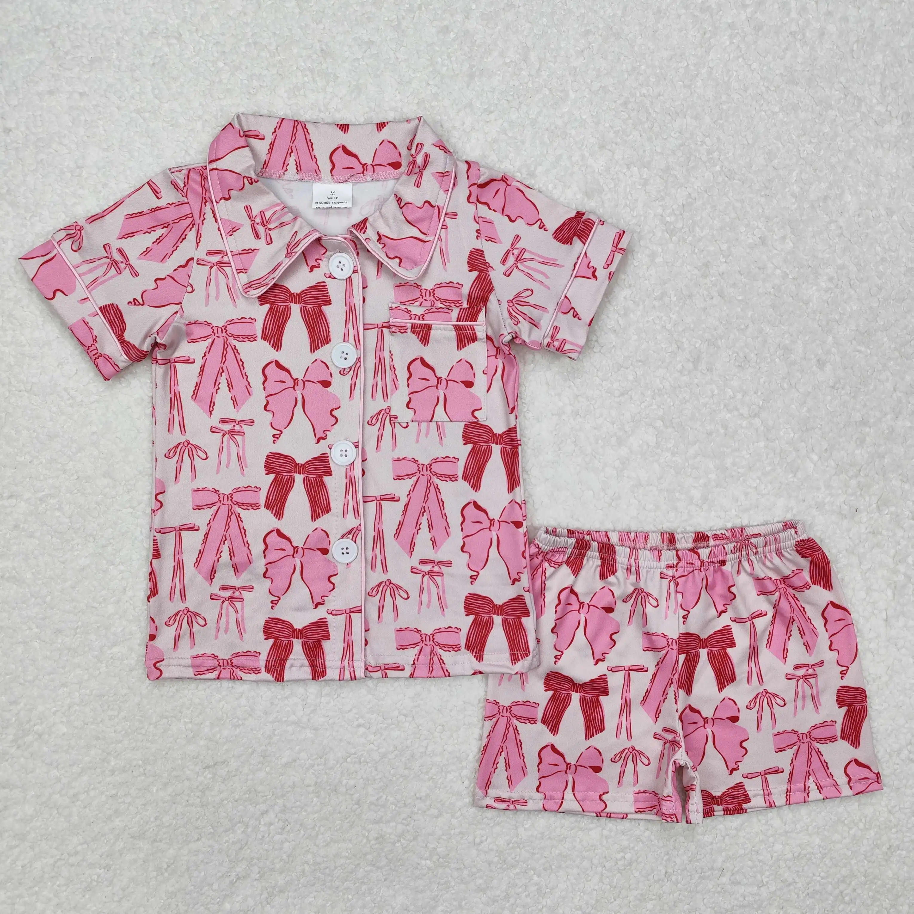 Wholesale Infant Pajamas Outfit Children Nightclothes Baby Girl Short Sleeves Red Pink Bows Pocket Buttons Sleepwear Set Shorts