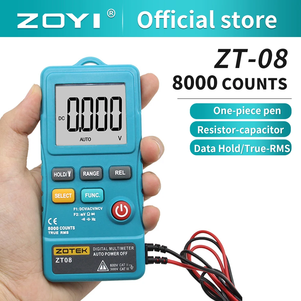 Zoyi zt08 digital multimeter true-rms tester meter 8000 zählt ac/dc voltmeter ohm spannungs transistor tester auto multi metro