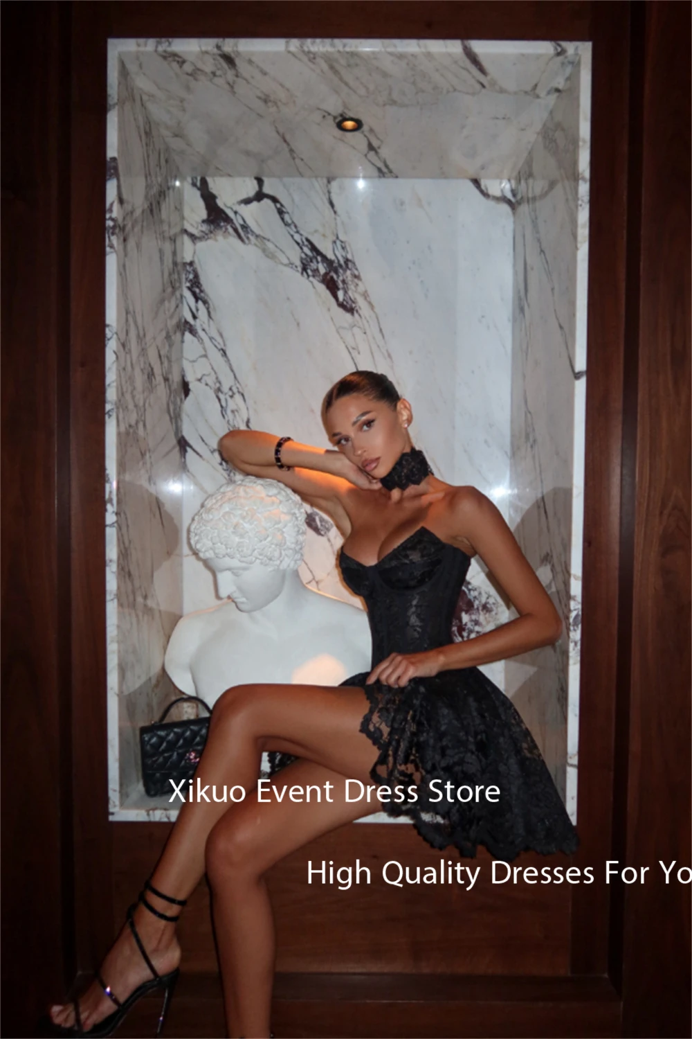 Xikuo ミニブラックレースのイブニングドレス恋人セクシーなコルセットウエディングドレスアップリケ膝上カクテルドレス女性カスタマイズ