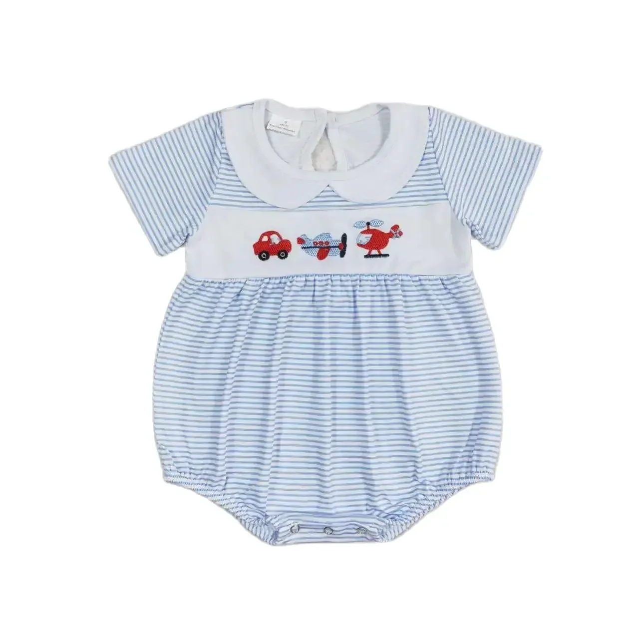 

SR1152 Good Quality Baby Girl Clothes Short Sleeves Top Embroidery Car Airplane Helicoper Print With Jumpsuit Children Clothes