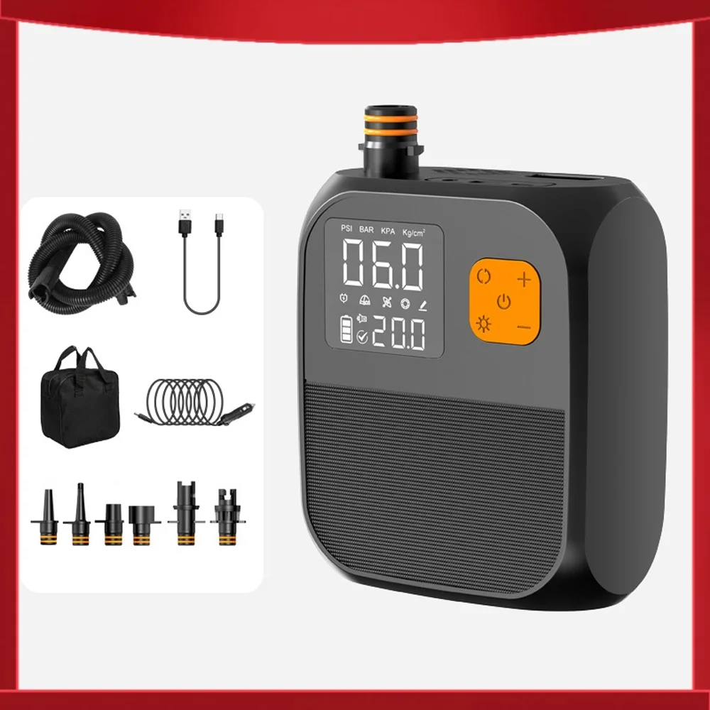 25PSI High Pressure Electric Air Compressor Pump Power Bank Portable Paddle Board Pump with 6 Nozzles and LED Light