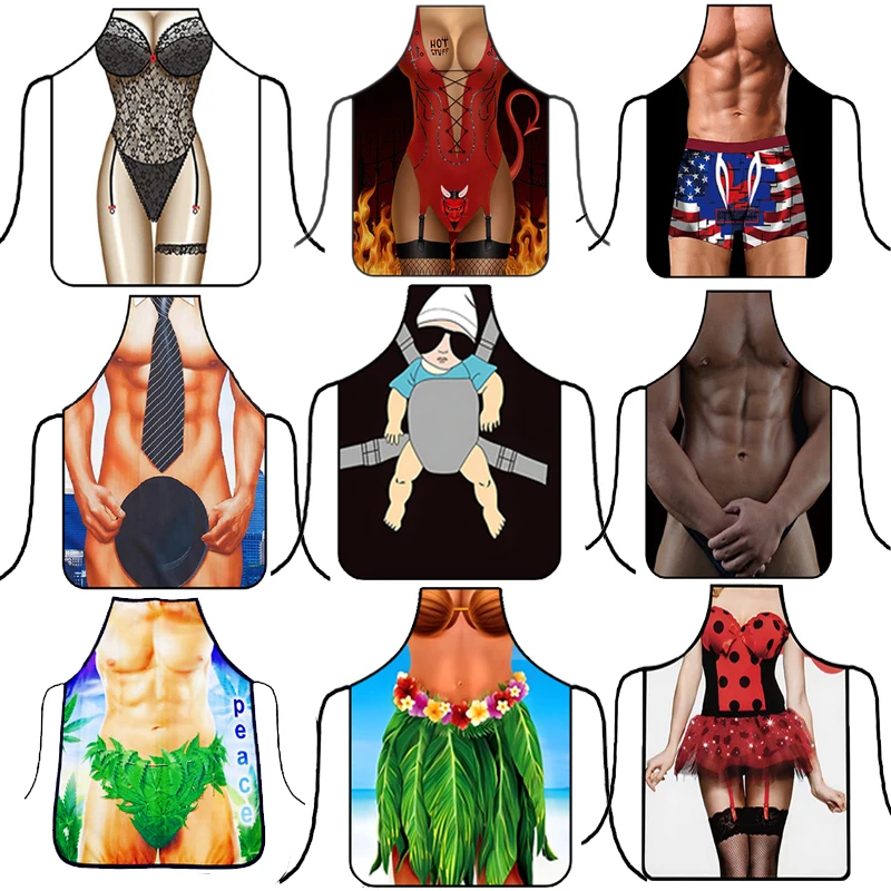 Muscle Man Funny Kitchen Apron Digital Printed Muscle Man Sexy Women Home Cleaning Party Personality Creative Pattern Antifoulin