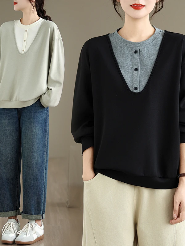 

Loose Fit Color Blo Long Sve Hoodie Women's plus Size Faionable Overhead Top Artistic Sle Casual Wear round Ne